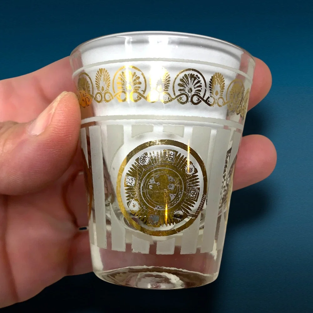 Vintage Hazel Atlas Aztec Gold Medallion Shot Glasses Set 5 MCM Mayan Barware
